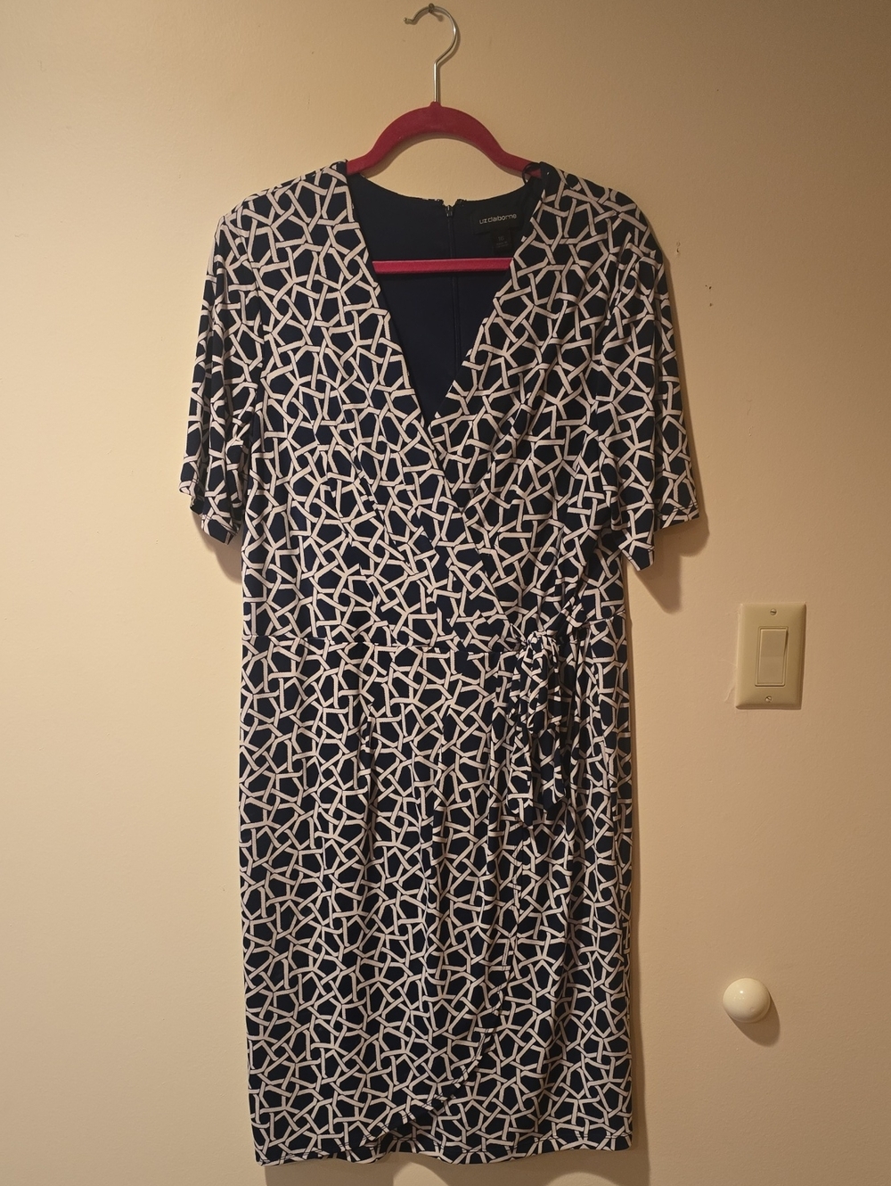 Liz Claiborne Navy and White Geometric Wrap Midi Dress